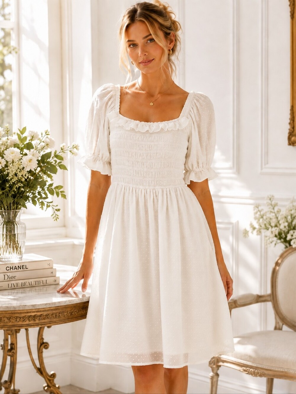 INDIGO ROSE | White Swiss Dot Smocked Puff Sleeve Midi Dress | Size 2X
